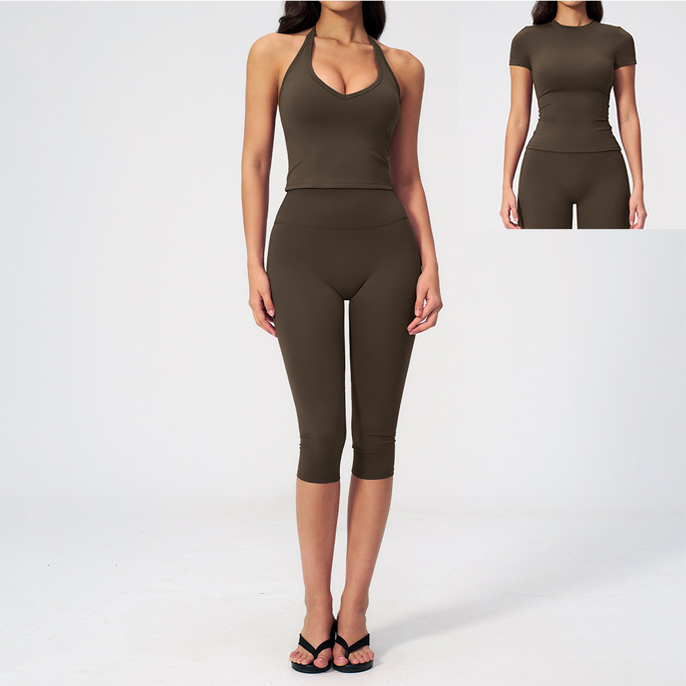 Pilates V Yoga - Women Halter Ruched V Neck 2/3Piece